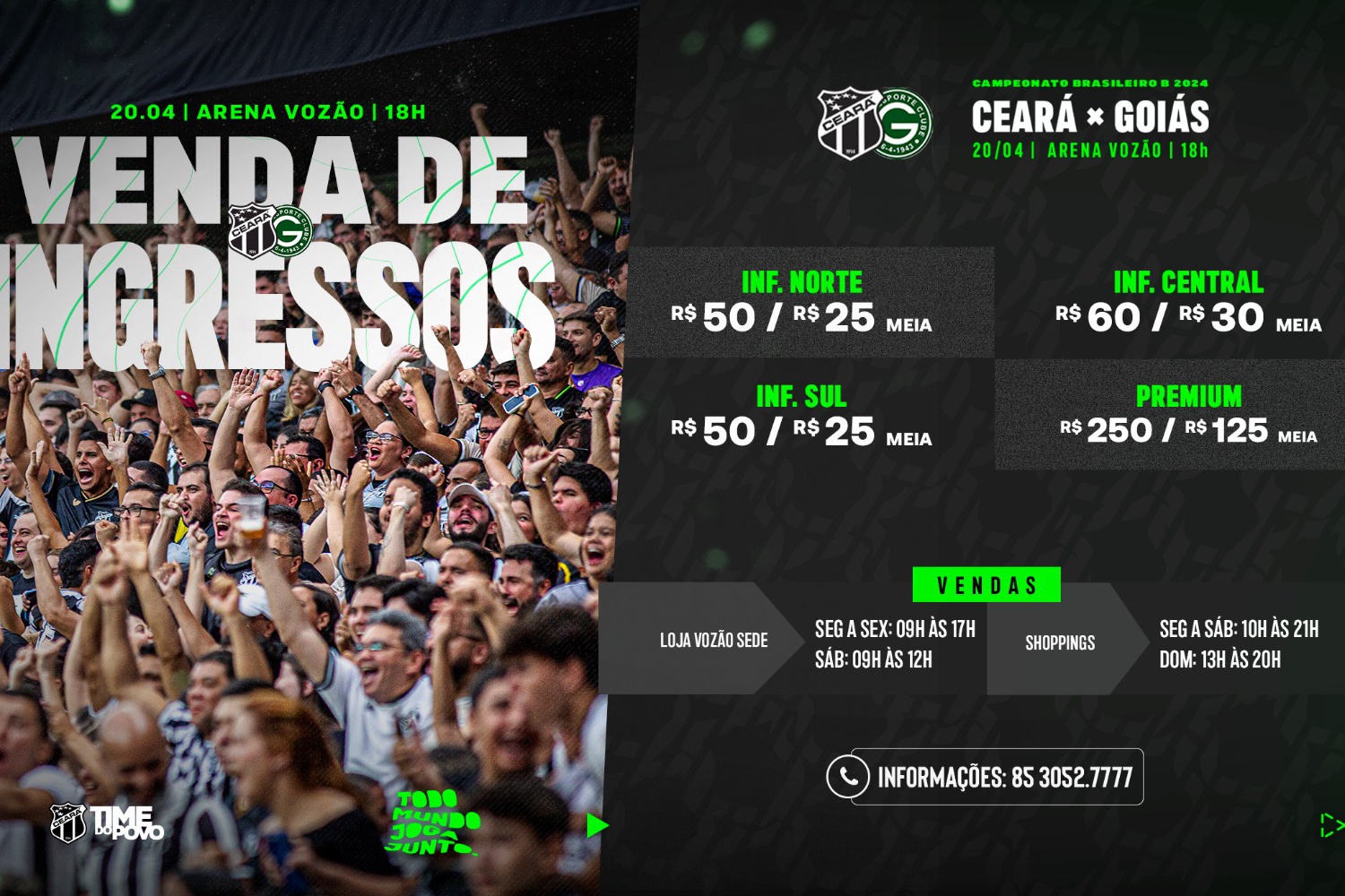 Ingressos para a partida de estreia do Vozão no Campeonato Brasileiro estarão disponíveis à venda a partir desta terça-feira