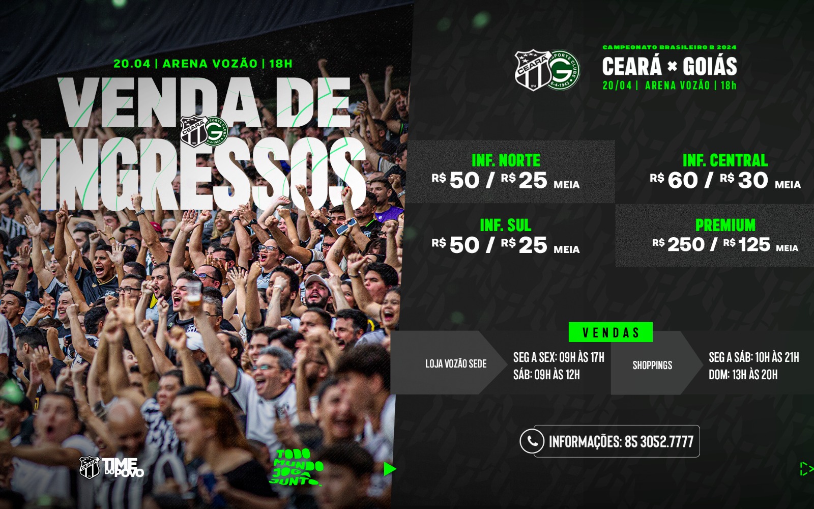 Ingressos para a partida de estreia do Vozão no Campeonato Brasileiro estarão disponíveis à venda a partir desta terça-feira